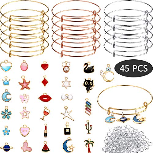 DIY Gold Charm Pendant Assorted with Expandable Bangle Adjustable Wire Bracelets for DIY