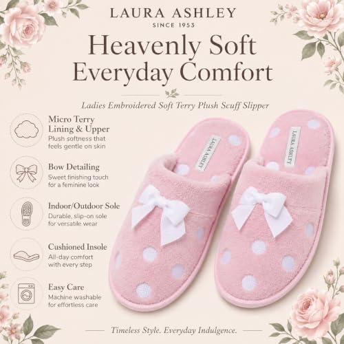 Image of Laura Ashley Ladies Embroidered Soft Terry Plush Scuff Slipper