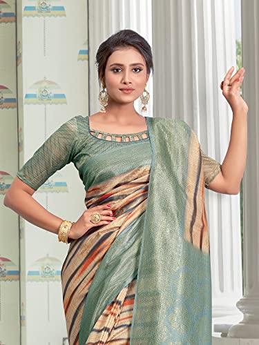 Image of AKHILAM Women's Abstract Linen Tassels and Latkans Saree With Unstitched Blouse Piece (NITRA101 HS Parent)