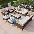 PHI VILLA 12 Seat Patio Furniture Set Outdoor Large 12 Pieces Wicker Conversation Sofa with Cushioned 2 x Single Rattan Sofa, 4 x Armrest Chair, 4 x Ottoman and 2 x Armless Chair, Beige
