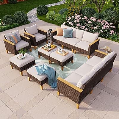 PHI VILLA 12 Seat Patio Furniture Set Outdoor Large 12 Pieces Wicker Conversation Sofa with Cushioned 2 x Single Rattan Sofa, 4 x Armrest Chair, 4 x Ottoman and 2 x Armless Chair, Beige
