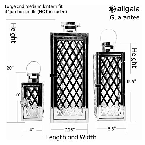 Image of allgala Lantern Jumbo Deluxe Modern Indoor /Outdoor Candle Stainless Steel Rectangular Frame with Lattice Grid Tempered Glass for Garden Poolside Fireplace Wedding (Pack of 3, 12 Inch, Black)