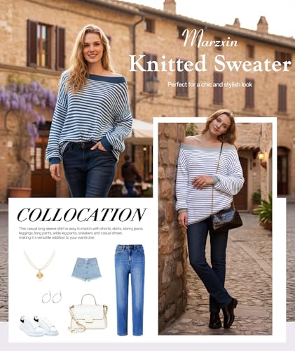 Image of MARZXIN Women's 2026 Fall Long Sleeve Sweaters Casual Loose Striped Off Shoulder Casual Oversized Knitted Sweater Pullovers