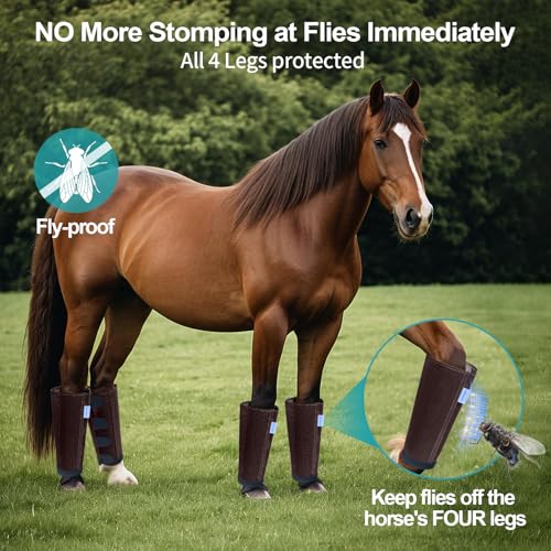 Image of Mesh Horse Fly Boots Set of 4, Loose Fitting Leggings for Horses, Reduce Stressful Stomping, Breathable Adjustable and Universal Fit for 4 Legs, Reliable Stay Put (Brown)