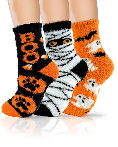 72-Needle Buttery Soft Halloween Fuzzy Socks for Women Girls, Cozy Funny Crazy Cute Fluffy Warm Slipper Socks 3 Pairs, Halloween Gifts Boo Spooky Basket Stuffers