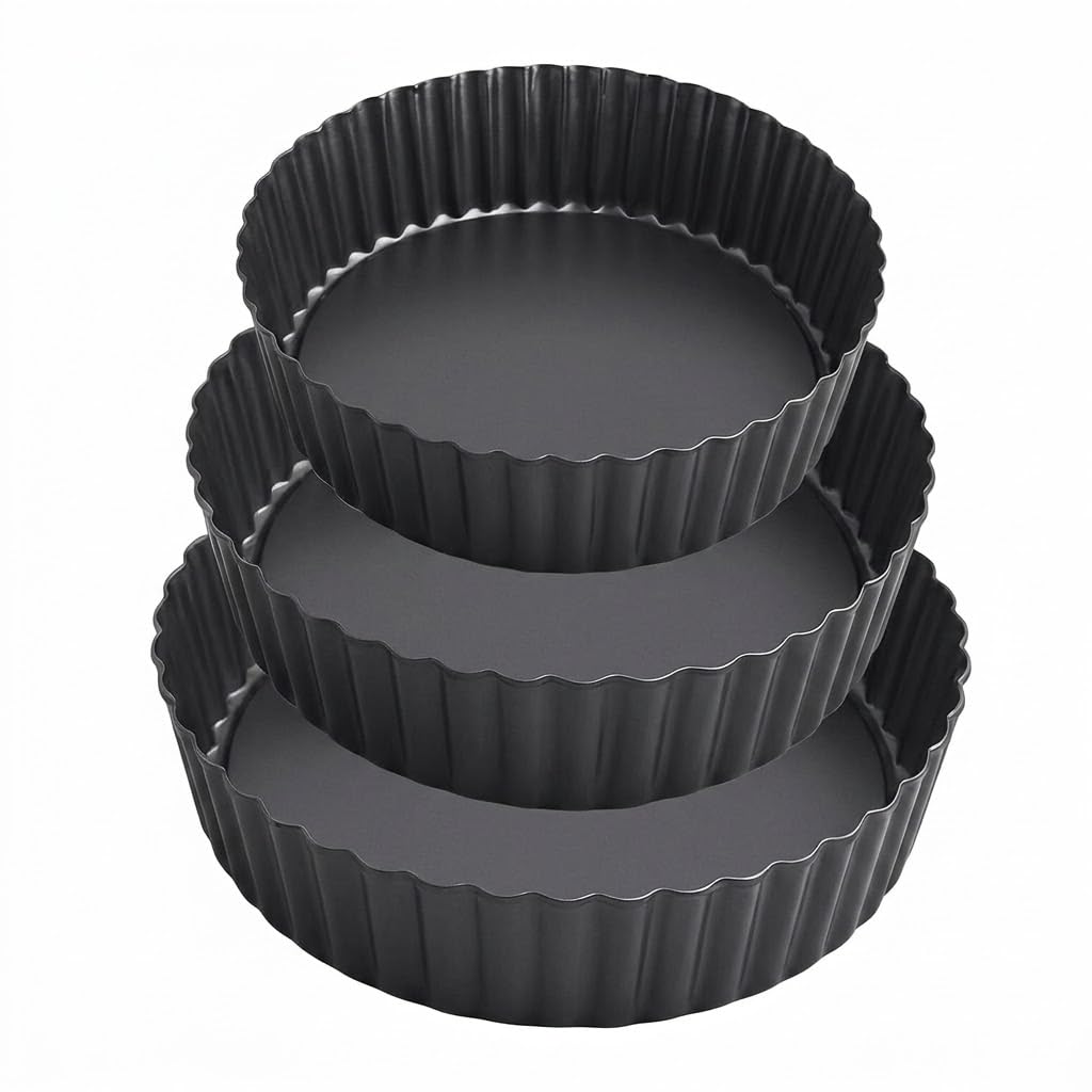MGE - Set 3 Moldes Quiche Desmontables con Base Extraíble - Moldes de Tarta Rizados Profundos 20, 24 y 28 cm - Antiadherentes para Quiche, Tartas y Tartaletas