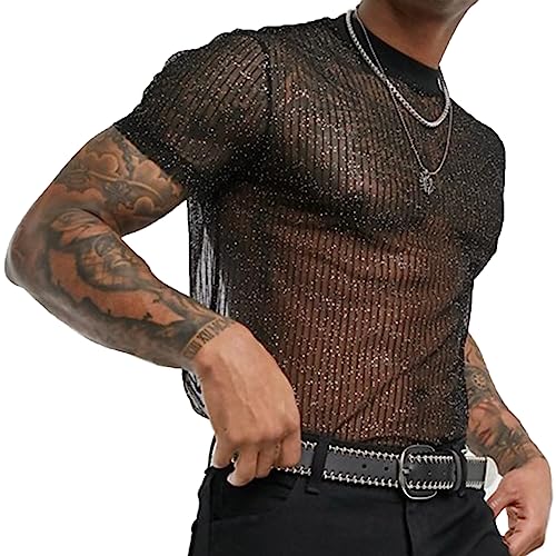 Evankin Mens Sexy Glitter Shirt Top See Through Lace Short Sleeve T-Shirt Sheer Mesh Undershirts to Show Muscle