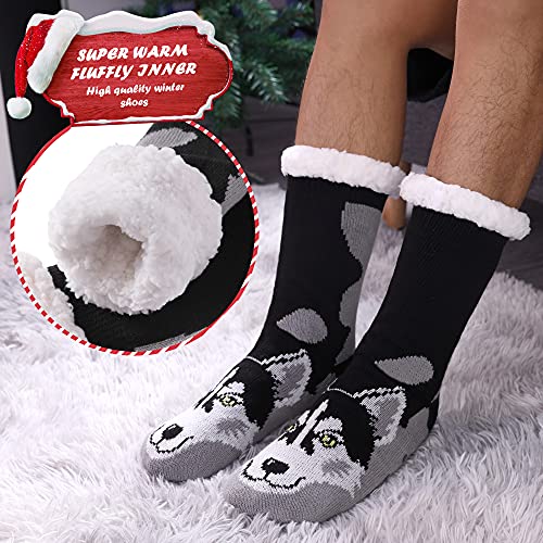 DYW Mens Slipper Socks Animal Fuzzy Non Slip Fluffy Winter Warm Soft Thick Fleece lined Thermal Home Socks (Husky)3