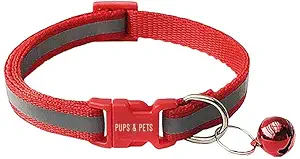 Pups&Pets Reflective Cat Collar with Bell Basic Dog Cat Collar Buckle Adjustable Nylon Cat Dog Collar Safe Pets Belt Small Size Quick Release and Breathable Collar 10 MM (Red Color)