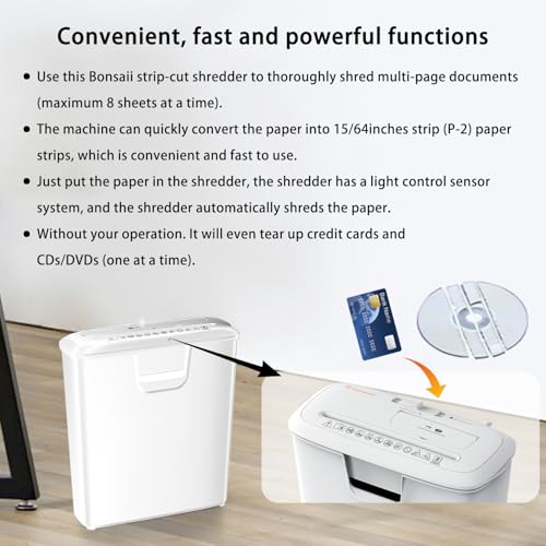 Image of Bonsaii 8-Sheet StripCut Shredder - High Security, CD /Credit Card, Overheat Protection, 3.4 Gal Bin, Ideal for Home Office, Low Noise Operation, White