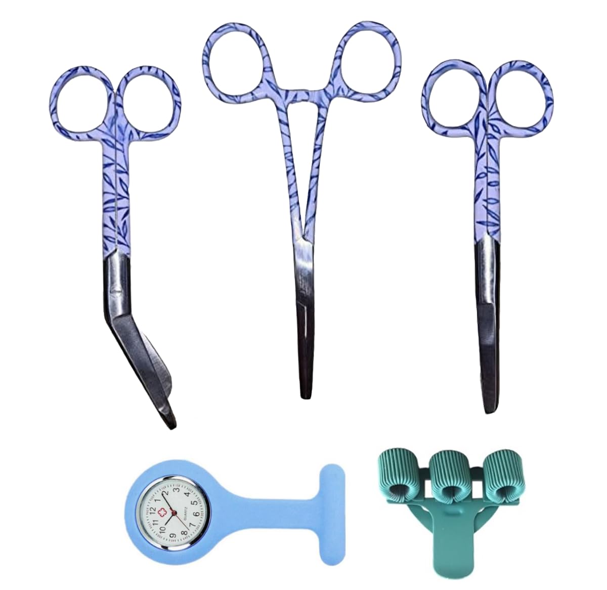Krankenschwester Starter Pack "Blue Leaves" - 5-teilig - Verbandschere - Krankenschwester Schere Set - Schere Krankenschwester - Erste-Hilfe-Schere - medizinische Schere - Köcher - Krankenschwester