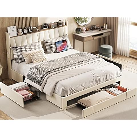 ANCTOR Queen Bed Frame with 3 Drawers, Upholstered Platform Bed with Storage Headboard and Charging Station, No Box Spring Needed, Easy Assembly, Beige Cover