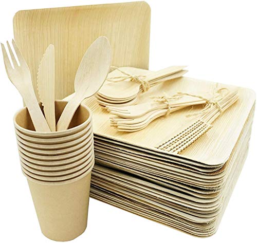 BOX And Tree| 125 Pièces de Vaisselle Jetable, 25 Assiettes en Feuille de Palmier, Set de 25 Couverts en Bois Bambou -25 Gobelets