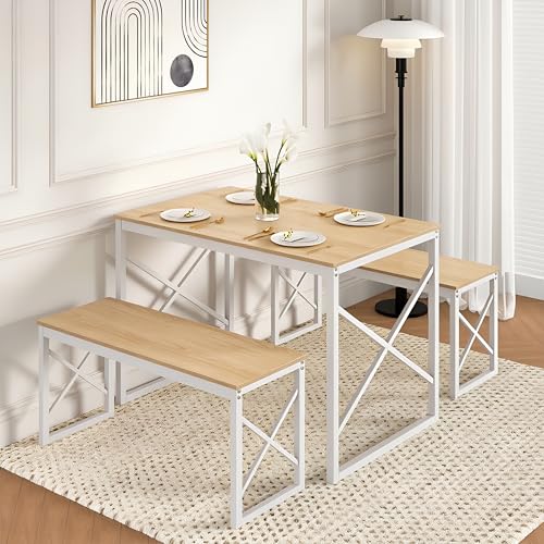 Image of VECELO 43.3 inch Kitchen Dining Table Set for 4, Heavy-Duty Steel Frame & Wood-Grain Tabletop, Space-Saving Dinette Sets with 2 Benches for Breakfast Nook and Small Space, Natural