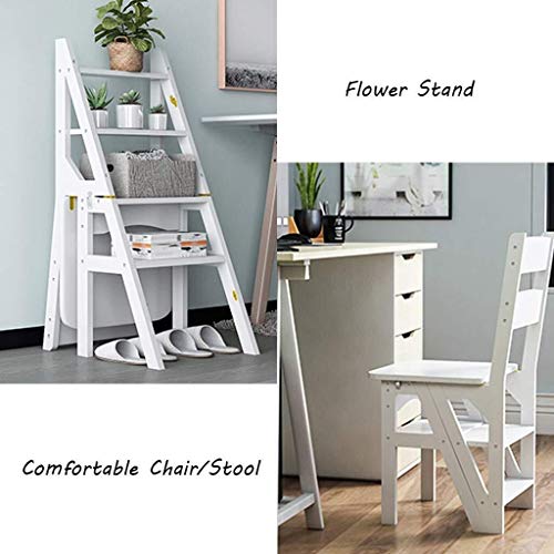 Escabeau pliant blanc en bambou 4 couches | Chaise d'escalier double usage