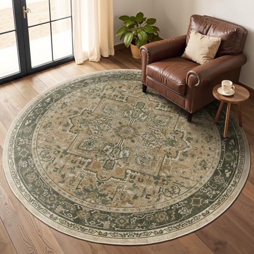 Jainmy Brown Olive Round Rugs 6ft for Living Room, Washable
