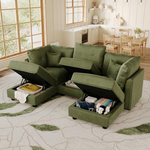Image of LLappuil Modular Sectional Sofa with Storage, U-Shaped 5-Seat Corduroy Couch with 5 Throw Pillows, Pet-Friendly Convertible Sofa for Small Space, Skin-Friendly, Green