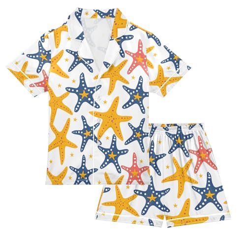 ALAZA Starfish White Yellow Blue Pajamas Satin Pajama Set Short Sleeve Button Down Sleepwear