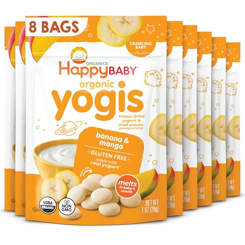 Image of Happy Baby Organics Yogis Freeze-Dried Yogurt & Fruit Snacks, Banana & Mango, 1 Ounce Bag (Pack of 8) packaging may vary