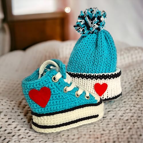 Turquoise Crochet Baby Booties & Beanie Set, Newborn Custom Sneakers, Handmade Infant Shoes, Soft Sole Knit Baby Boots, Newborn Baby Gift4
