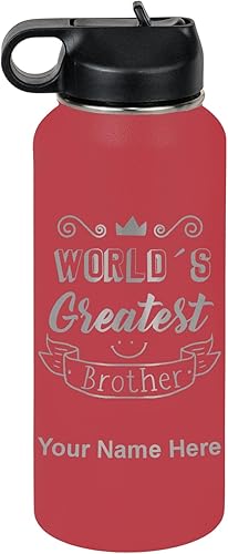 Miniatura 39 de LaserGram Botella de agua personalizada, World's Greatest Brother, acero inoxidable de doble pared aislada al vacío con popote superior, regalo