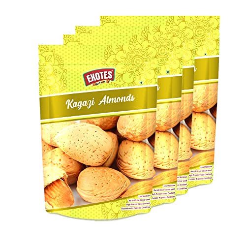 Image of Exotes Kagazi Badam 1000 Grams (250 Grams X 4) - Thin Shell Almonds | Packed with Protein, Fiber, and Vitamins | Badam with Shell - Easy to Crack, Supports Brain Health and Boosts Energy - Great Snack Option for Office, School, or Fitness Enthusiasts