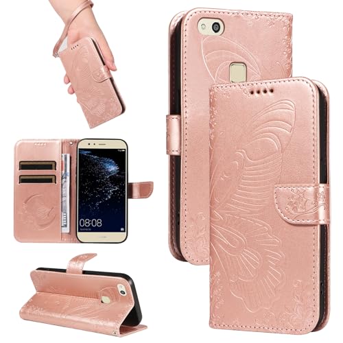 HUANGTAOLI Custodia per Huawei P10 Lite, Porta Carte e Cavalletto, Protezione a 360 Gradi e Assorbe Gli Urti, Portafoglio in Pelle Slim Fit e Flessibile Cover, Rose Gold
