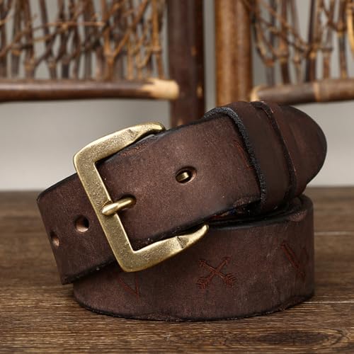 Men Durable Full Grain Leather Classic Belt,Engraved Vintage Pattern W/Rugged Antique Solid Brass Hardware Buckle3