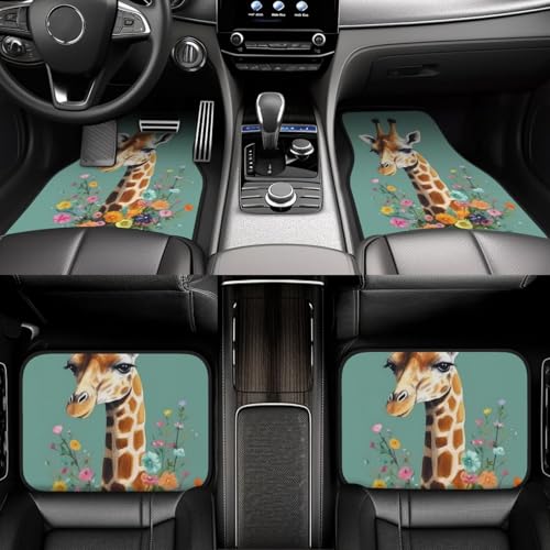 Tapis de sol voiture girafe et fleurs : lot complet de 4 tapis universels toutes saisons