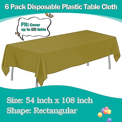 Image of Gold 6 Pack Plastic Table Cloth 54 inch x 108 inch, Disposable Tablecloths Rectangle Table Cover, Plastic Tablecloths for Parties