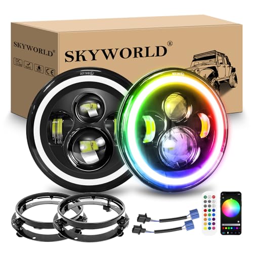 SKYWORLD 2 Pcs 7 Pollici Rotonda Fari Led con Anello Di Montaggio, 50W 5000LM Faro a LED Bianco RGB Off Road Lights Fire Cross Hi/Lo Fascio DRL Fari anteriori per Wrangler JK TJ LJ CJ Hummer