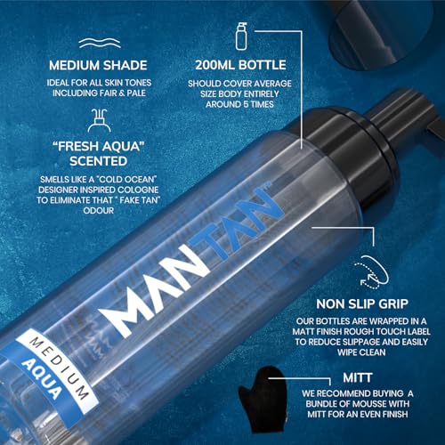 Fake Tan Pack For Men, 200ml Mousse plus Man Size Tanning Mitt | Easy To Apply Self Tanner & Instant Results | Masculine Aftershave Fragrance | Zero Biscuit Smell Zero Ginger Tones (Clear - Aqua) - Image 4