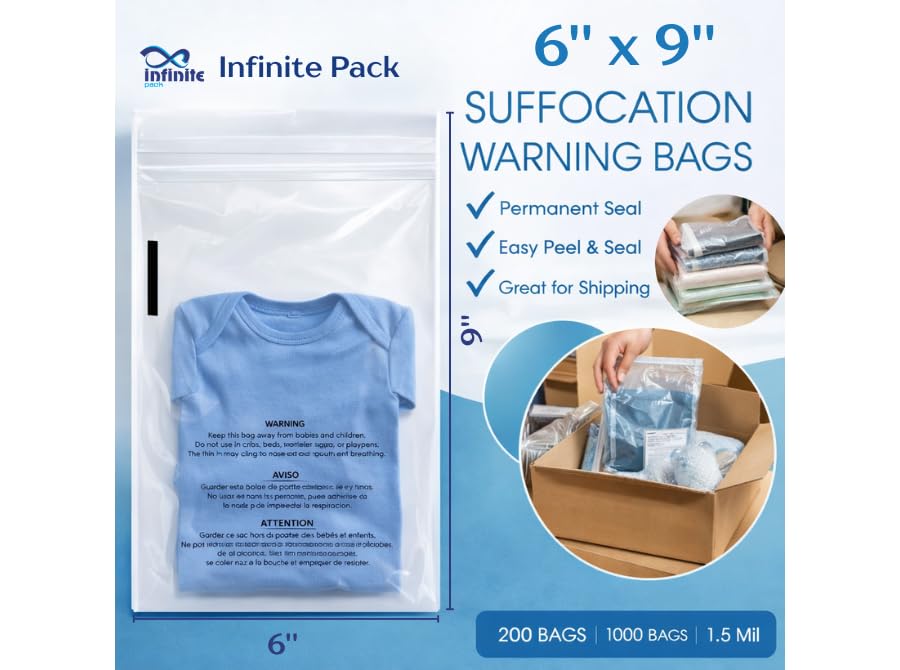 Infinite Pack 6" X 9" 1000 CT Self Seal Clear Poly Bags with Suffocation Warning for Packaging, Shipping Permanent Adhesive