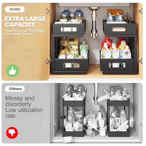 Image of Under Sink Organizer, 2-Tier Dual Pull Out Cabinet Organizer Drawers With Smooth Circular Rail, Large Capacity Metal Mesh Sliding Shelves For Bathroom& Kitchen Storage,Height Adjustable-Black,2 Packs