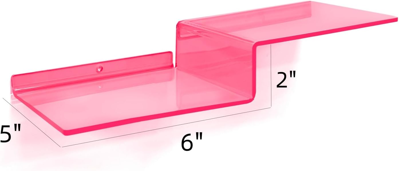 SetGame 2-Pack Acrylic Shelves Z-Shaped Display Stand Wall Mounted, 12 Inch Wall Storage Organizer for Toys, Books, Plants, Photos Album, Suit for Office, Living Room, Room Decor (Neon Pink)