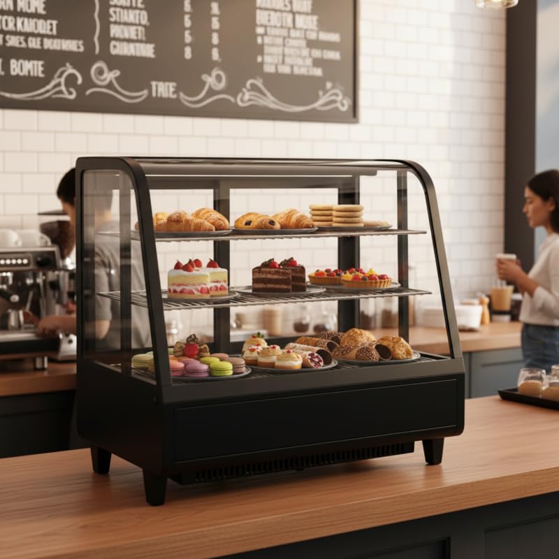 Générique Vetrina refrigerata da appoggio 100 l - nero - 0/+12 °C - Fredda ventilata - Illuminazione a LED - 2 ripiani regolabili - Doppia vetrata