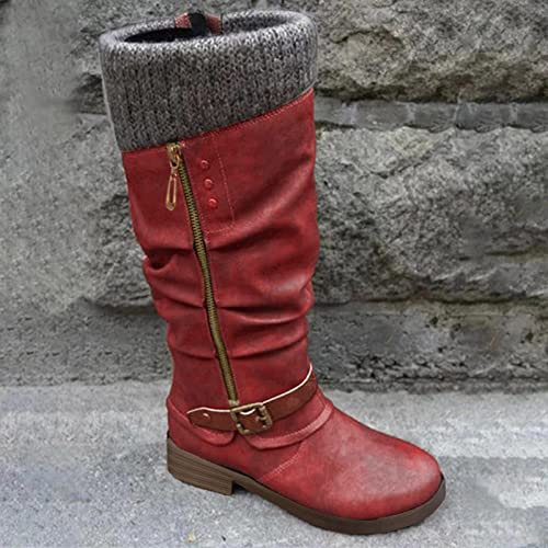 EIYEI Knee High Boots for Women - Women's Tall Knee High Fashion Riding Boots with Buckle Accent Round Toe Chunky Block Low Heels Mid Calf Boots Patchwork Leather Boots Side Zipper Winter Shoes4