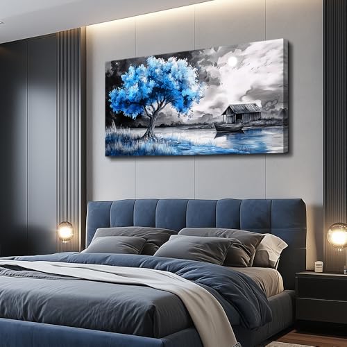 PHAOHUAXM large Wall Art For Living Room Bedroom Wall Decor Black White Scenery And Blue Trees Wall Painting Modern Home Decoration For Room Office Restaurant Canvas Art Prints Home Decor 20x40 In