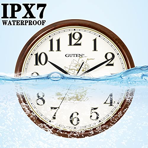 Guten 16 Inch Large Indoor Outdoor Waterproof Wall Clock, Dustproof Silent Non-Ticking, Battery Operated Quality Quartz Round Clock For Bathroom, Kitchen, Patio, Pool, Outdoors (Brown) #TOP1