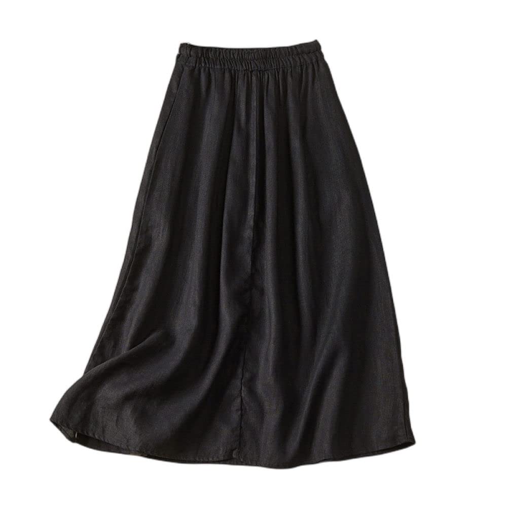 Gonne da Donna,Gonna Midi da Donna Nera Elastico Vita Alta Retro Cotone Lino Gonna A Pieghe con Lacci con Tasche A-Line al Ginocchio Increspato Gonna Lunga per Ragazze Signore,M