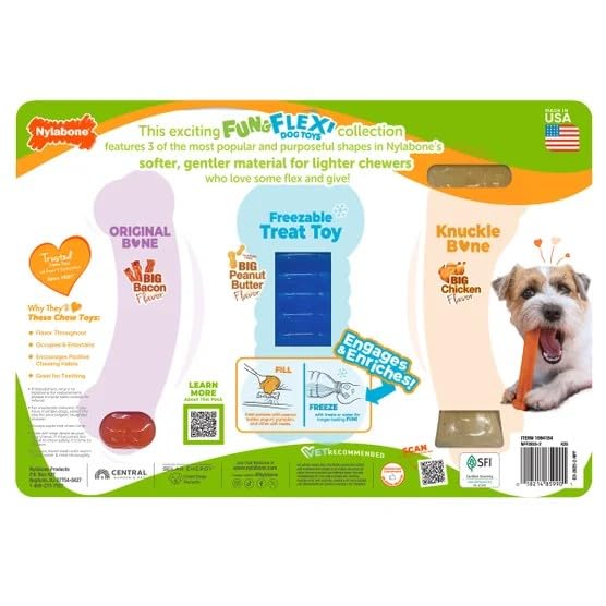 Nylabone Fun & Flex Dog Toy Pack, 3 Pieces, Flexible Chew Toys for Light to Moderate Chewers, Freezable Treat Toy, Chicken and Bacon Flavored thumbnail 5
