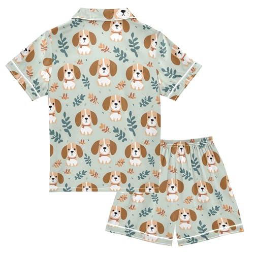 Cartoon Beagles Print Summer Satin Pajama Set, Cute Button-Down Sleepwear Pj Set for Sleep Wears2