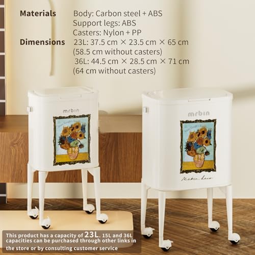 Image of MRBIN 23L Art Decor Trash Can with Wheels, Press-to-Open Lid, Tall Standing Garbage Bin with Lockable Casters, Metal Waste Basket for Kitchen, Living Room, Bedroom, Cream White