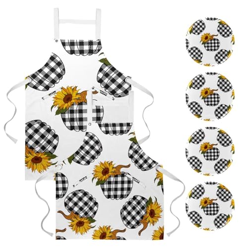 Tablier de serveuse pour cuisine et pâtisserie au motif citrouille et tournesols