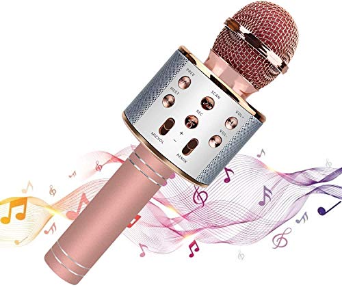 JLDFV Micro Karaoke Enfant Avec Lumières de Danse LED Clignotantes, Haut-parleur Portable Micro Karaoké, Microphone Sans fil Bluetooth Cadeau de Noël pour Fête (Rose)