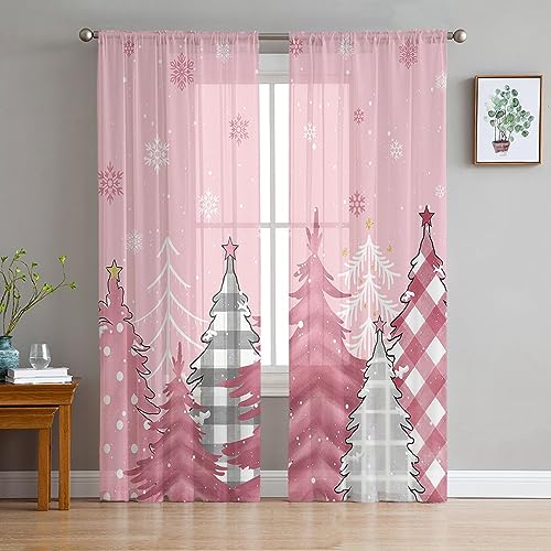 Pink Christmas Tree Semi Sheer Curtains, 63 inch Length for