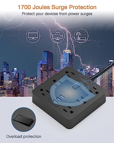 Surge Protector Power Strip Black, TESSAN 5 Ft Extension Cord with 6 Outlets 3 USB Charger, 1700J Flat Plug Desktop Charging Station for Home, Office, School, College Dorm Room Essential - Image 4