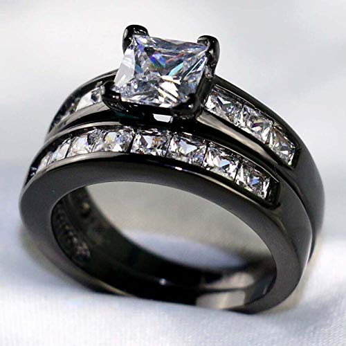 Couple Ring Bridal Sets His Hers Women Black Gold Plated Square CZ Men Stainless steel Band Wedding Ring Band Set3