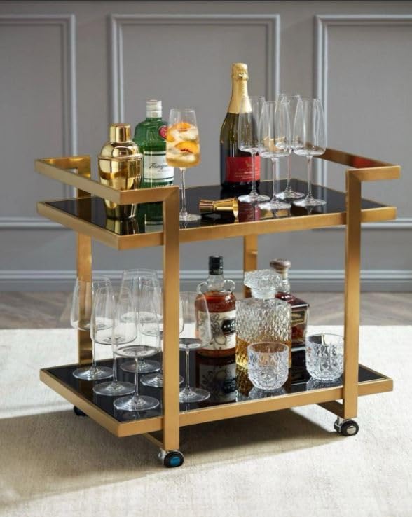 Elegant Golden Iron Bar Cart Trolley with Wheels Serving Trolley for Home Kitchen Dining Hotel Restaurant Modern Furniture