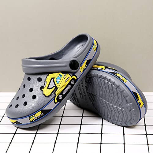 Little Kids Boys Garden Clogs Cute Cartoon Comfort Summer Funny Animal Designed Charm Lightweight Slip On Sandals Shower Slides Non-Slip Walking Slippers For Toddler Unisex Baby Excavator Grey 25 #TOP4